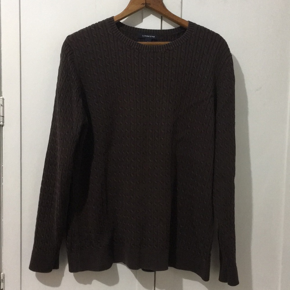 Lands’ End Cable Knit Cotton Crew Neck Sweater L